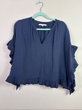 Xirena Gauze Cotton Navy Blue Ruffle Top size XS